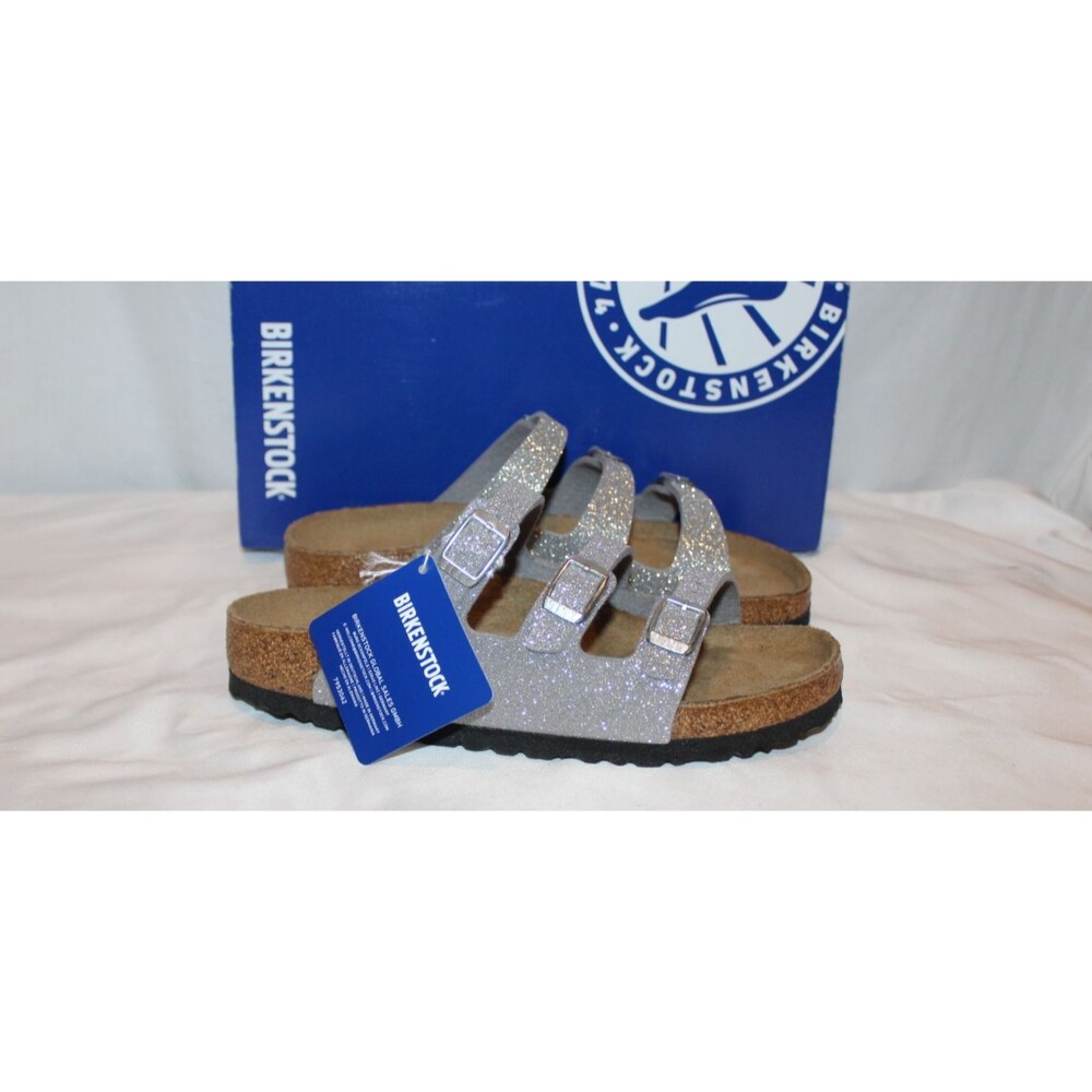 BIRKENSTOCK WOMEN'S FLORIDA BS LEATHER SANDALS GLITTER SILVER EU 37 REGULAR